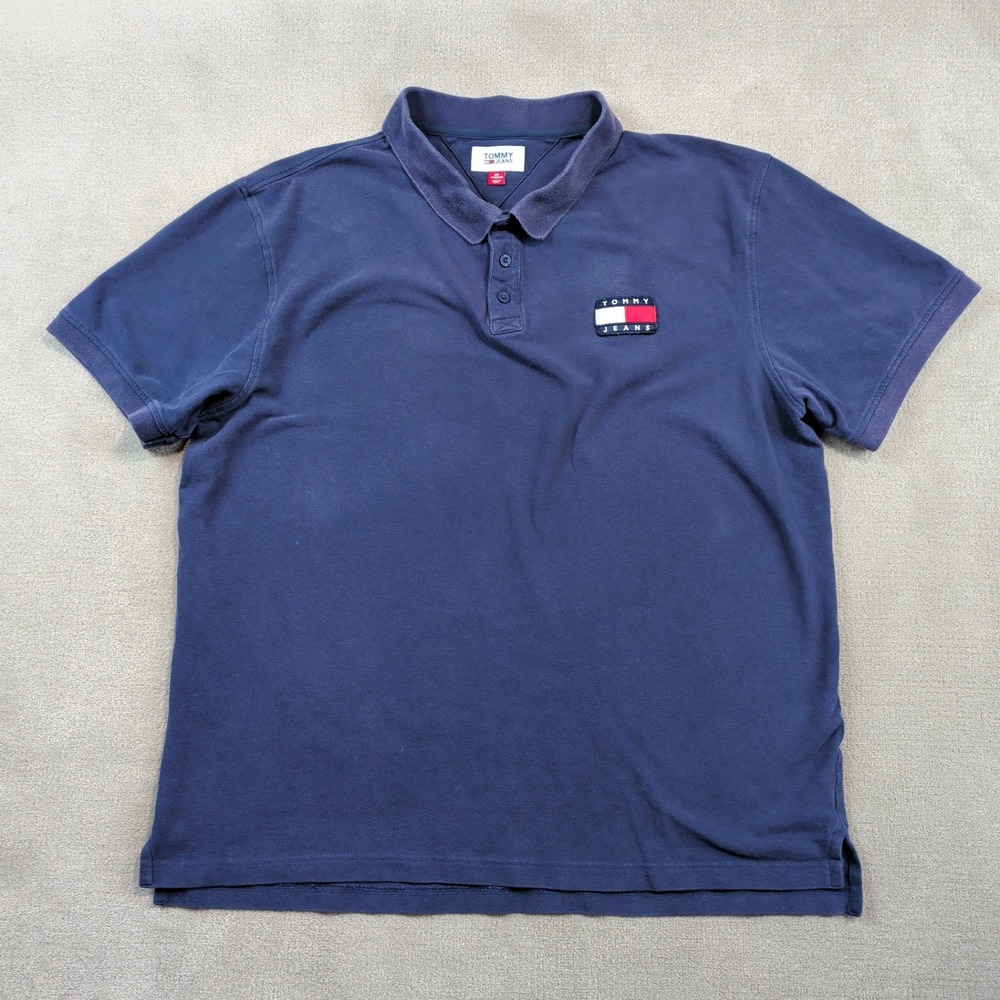 Tommy Jeans Y2K Logo Polo Shirt XXL Mens Navy Blue Short Sleeve Flag Logo Pique